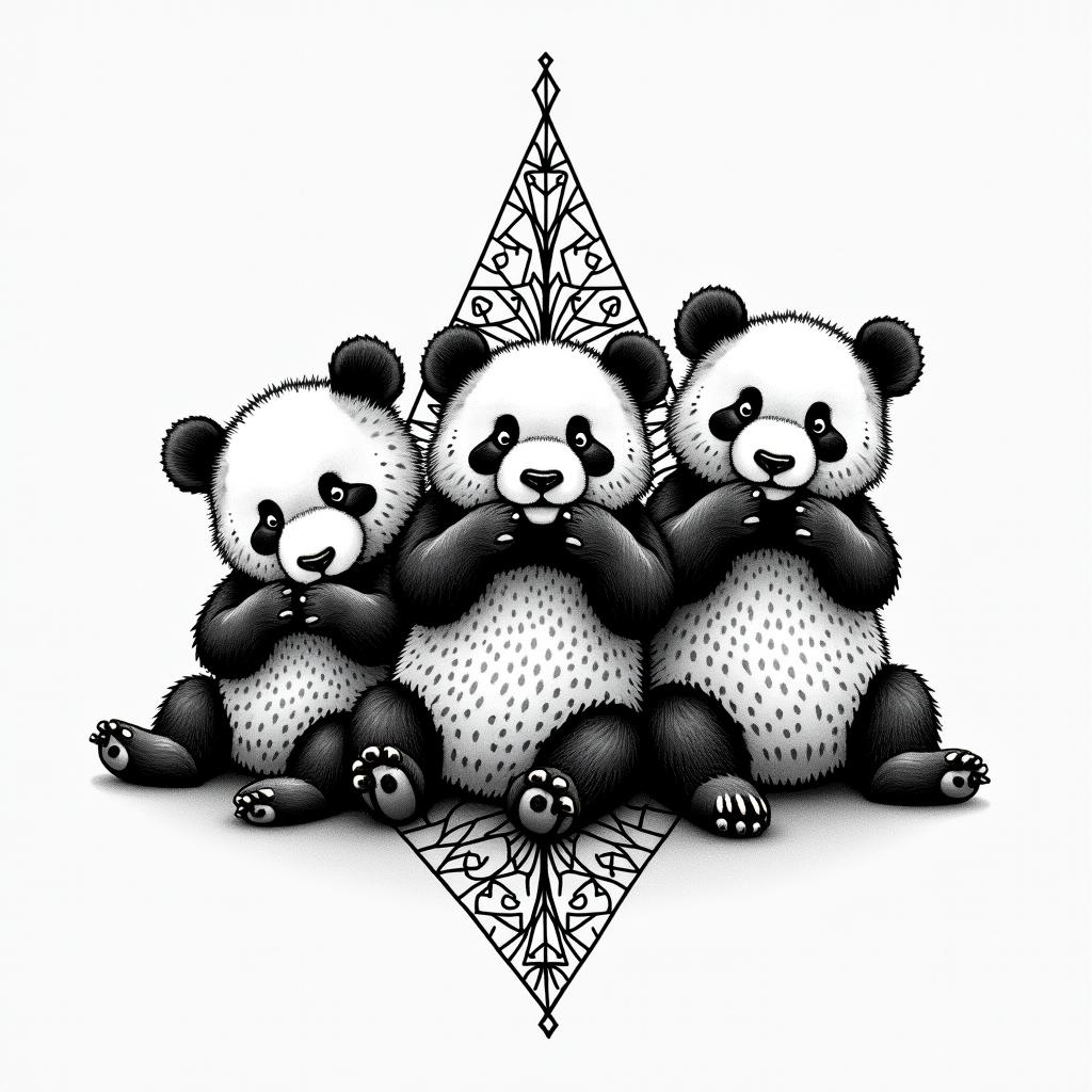 Simple tattoo of three pandas next to each other, the panda at the left is covering its ears with its paws, the panda in the middle is covering its own eyes with its paws and the panda at the end right is covering its mouth with its pawsin dotwork style tattoo, complex mandala patterns, interlocking geometric shapes with sharp symmetry, clean lines, sharp angles - Variation 2