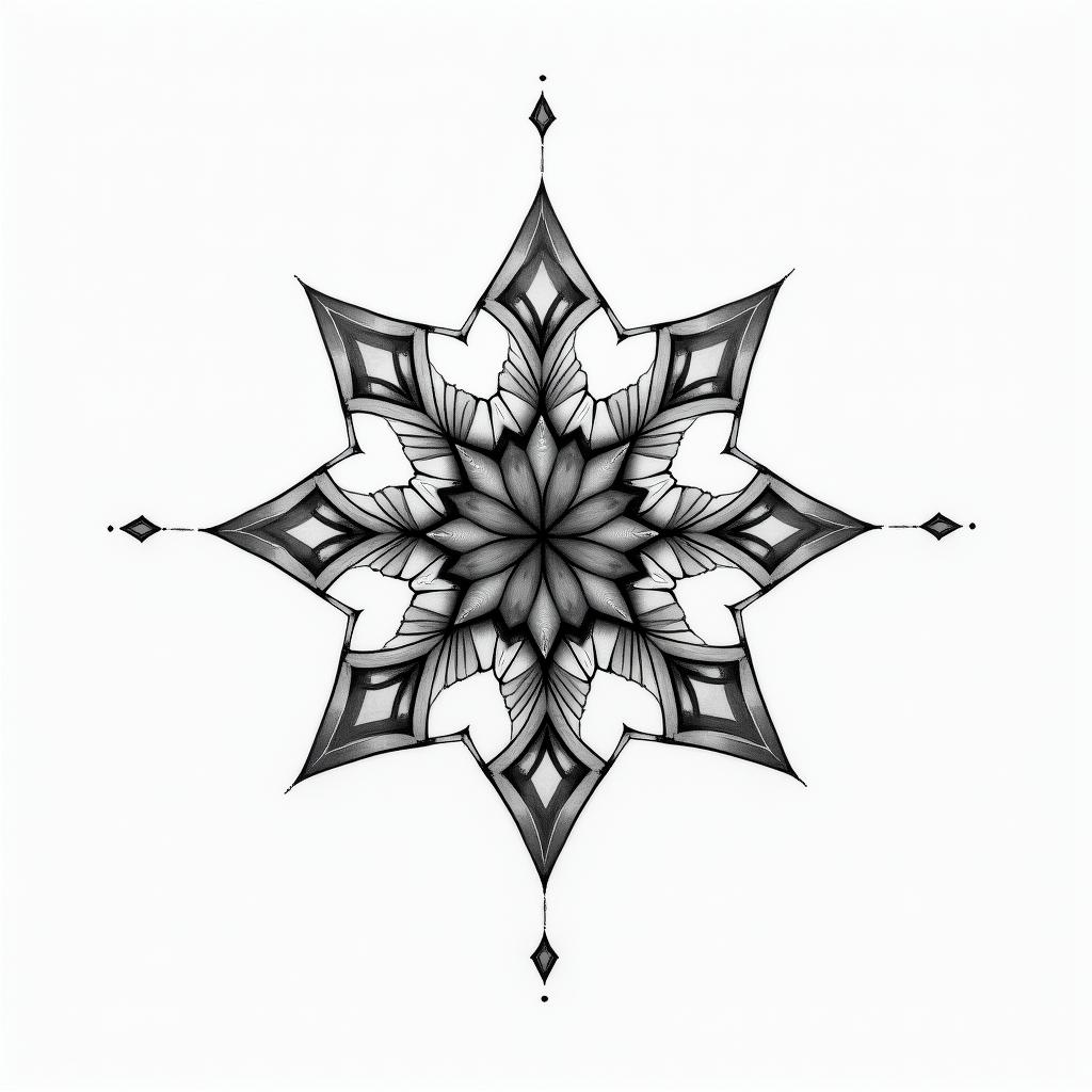 Simple letters “NMRK” in geometric style tattoo, blending hexagons, mandala-inspired patterns, symmetrical and fractal design, clean lines, sharp angles - Variation 3