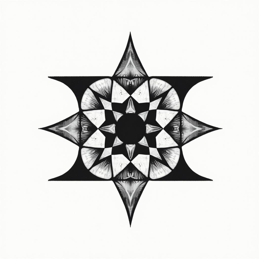 Simple letters “NMRK” in geometric style tattoo, blending hexagons, mandala-inspired patterns, symmetrical and fractal design, clean lines, sharp angles