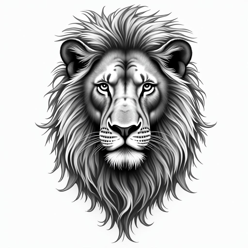 A realistic and calm lion's face intertwined with wavy white elements, featuring the names "Jacob," "Oliver," and "Penelope" in a bold black script font layered elegantly over the design, symbolizing strength and family.higly detailed tattoo - Variation 3