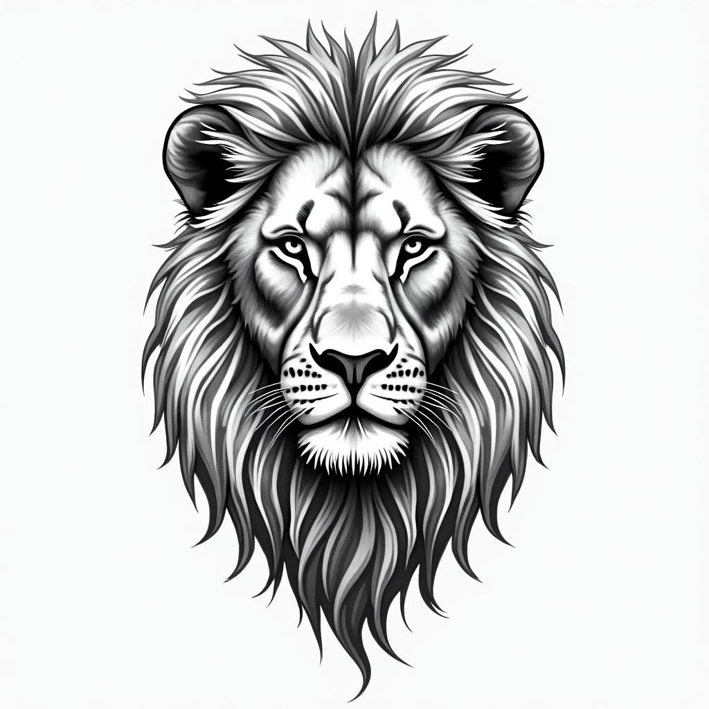 A realistic and calm lion's face intertwined with wavy white elements, featuring the names "Jacob," "Oliver," and "Penelope" in a bold black script font layered elegantly over the design, symbolizing strength and family.higly detailed tattoo - Variation 4
