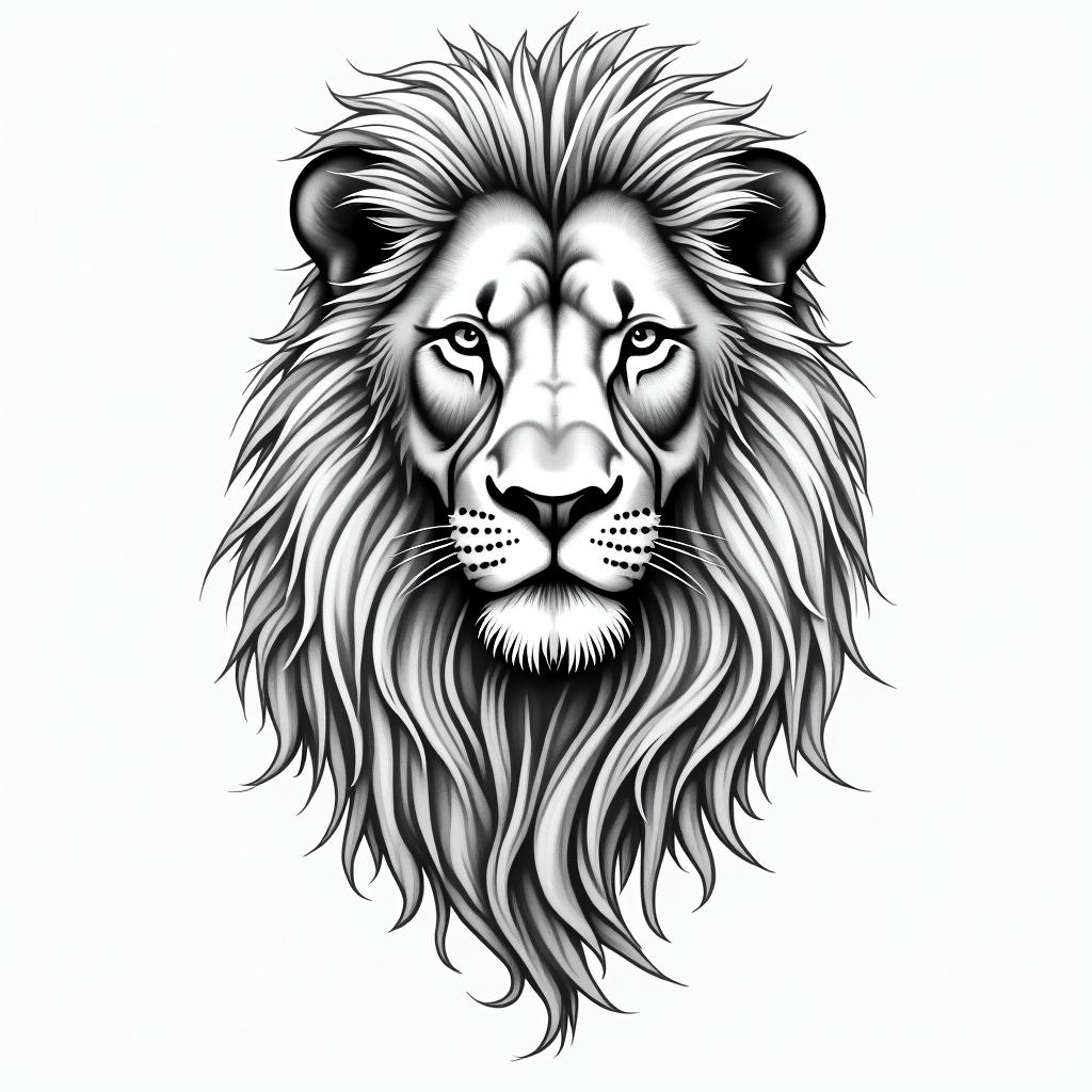 A realistic and calm lion's face intertwined with wavy white elements, featuring the names "Jacob," "Oliver," and "Penelope" in a bold black script font layered elegantly over the design, symbolizing strength and family.higly detailed tattoo