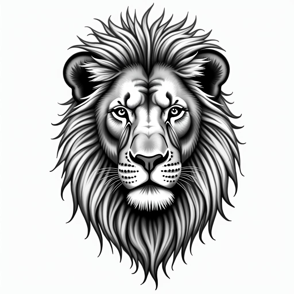 A realistic and calm lion's face intertwined with wavy white elements, featuring the names "Jacob," "Oliver," and "Penelope" in a bold black script font layered elegantly over the design, symbolizing strength and family.higly detailed tattoo - Variation 2