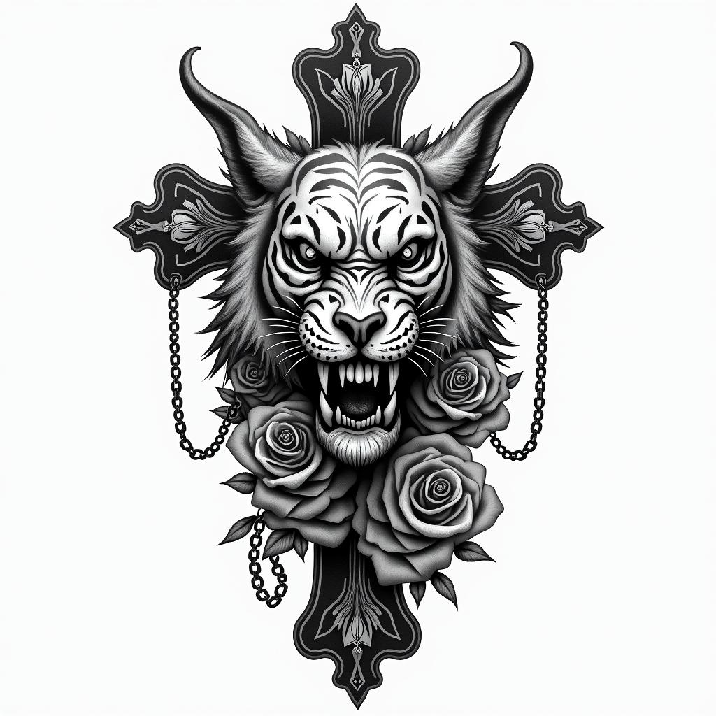 Nezha, Tiger, Pisces, Icein chicano style tattoo, featuring intricate black and grey shading, bold elements of traditional chicano culture symbols, add a big cross with skull, chains and roses