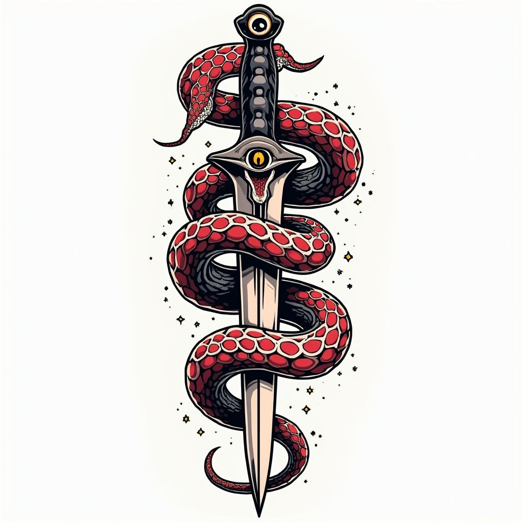 Snake wrapped around a dagger with an evil eye on the daggerin pop art style tattoo, featuring bold and vibrant colors, exaggerated outlines, iconic imagery, inspired by comic books and speech bubbles, comic book characters, retro pop culture - Variation 5