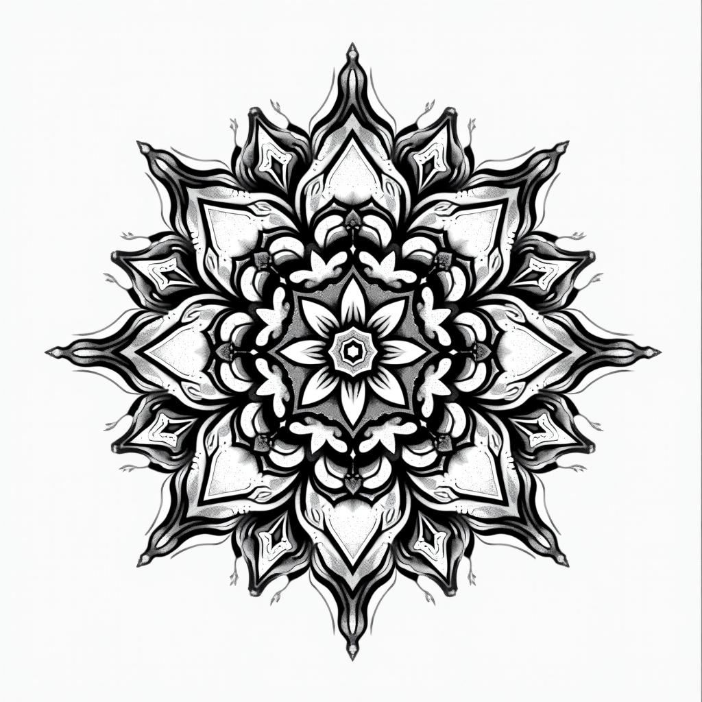 Meaning full tattooin dotwork style tattoo, complex mandala patterns, interlocking geometric shapes with sharp symmetry, clean lines, sharp angles - Variation 3