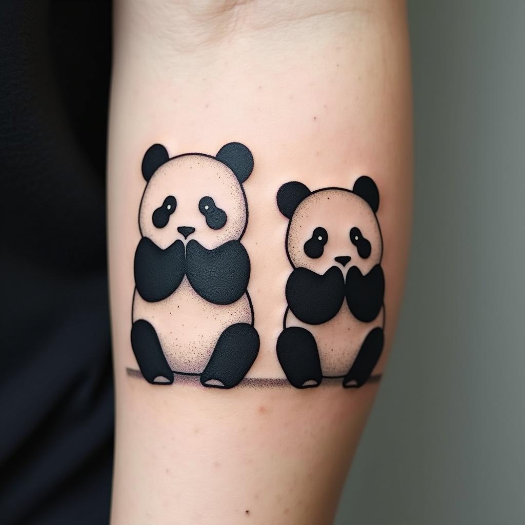Simple tattoo of three pandas next to each other, the panda at the left is covering its ears with its paws, the panda in the middle is covering its own eyes with its paws and the panda at the end right is covering its mouth with its pawsin minimalist style tattoo, featuring simple shapes and fine lines, with minimal shading and details, tiny triangles, creating a sense of balance and harmony