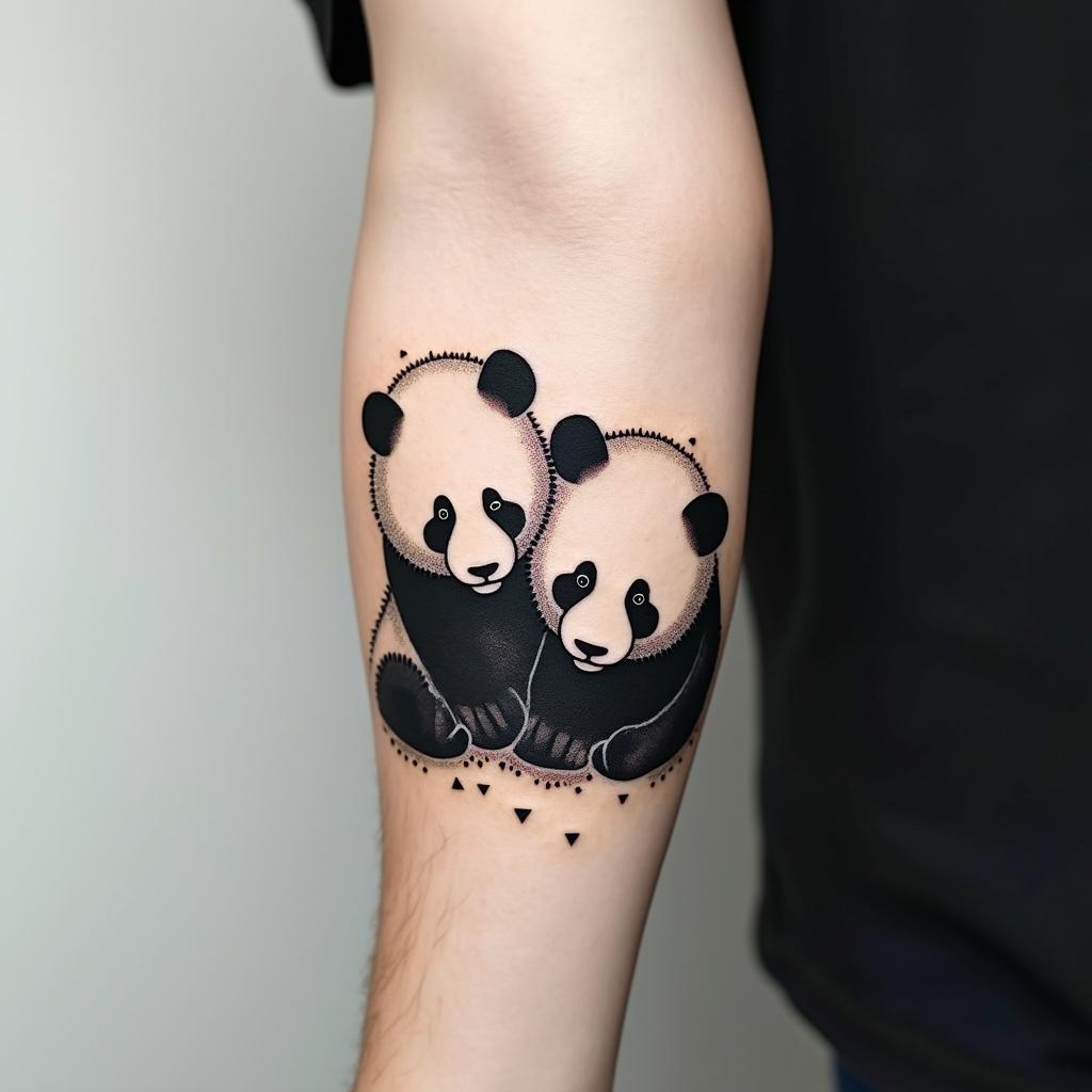 Simple tattoo of three pandas next to each other, the panda at the left is covering its ears with its paws, the panda in the middle is covering its own eyes with its paws and the panda at the end right is covering its mouth with its pawsin minimalist style tattoo, featuring simple shapes and fine lines, with minimal shading and details, tiny triangles, creating a sense of balance and harmony - Variation 3