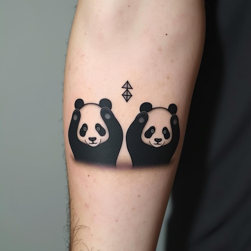 Simple tattoo of three pandas next to each other, the panda at the left is covering its ears with its paws, the panda in the middle is covering its own eyes with its paws and the panda at the end right is covering its mouth with its pawsin minimalist style tattoo, featuring simple shapes and fine lines, with minimal shading and details, tiny triangles, creating a sense of balance and harmony - Variation 2