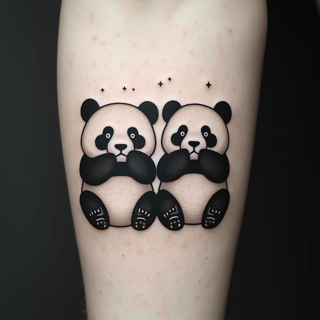 Simple tattoo of three pandas next to each other, the panda at the left is covering its ears with its paws, the panda in the middle is covering its own eyes with its paws and the panda at the end right is covering its mouth with its pawsin minimalist style tattoo, featuring simple shapes and fine lines, with minimal shading and details, tiny triangles, creating a sense of balance and harmony - Variation 4