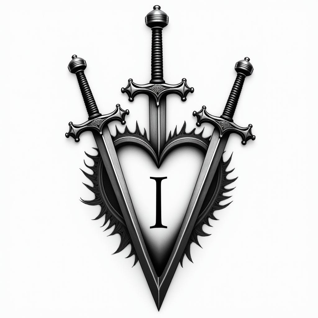 3 sword impaled a heart with a little letter i inside herhigly detailed tattoo - Variation 3