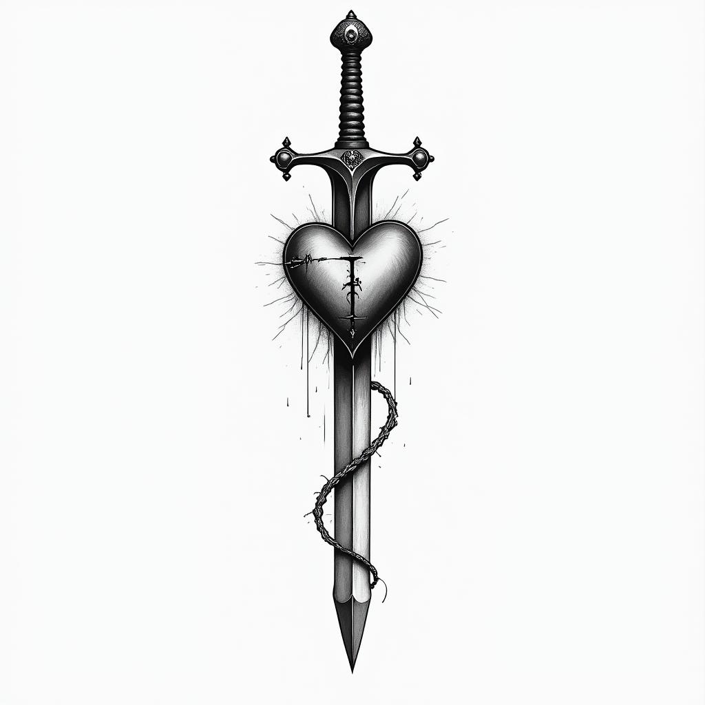 3 sword impaled a heart with a little letter i inside herhigly detailed tattoo