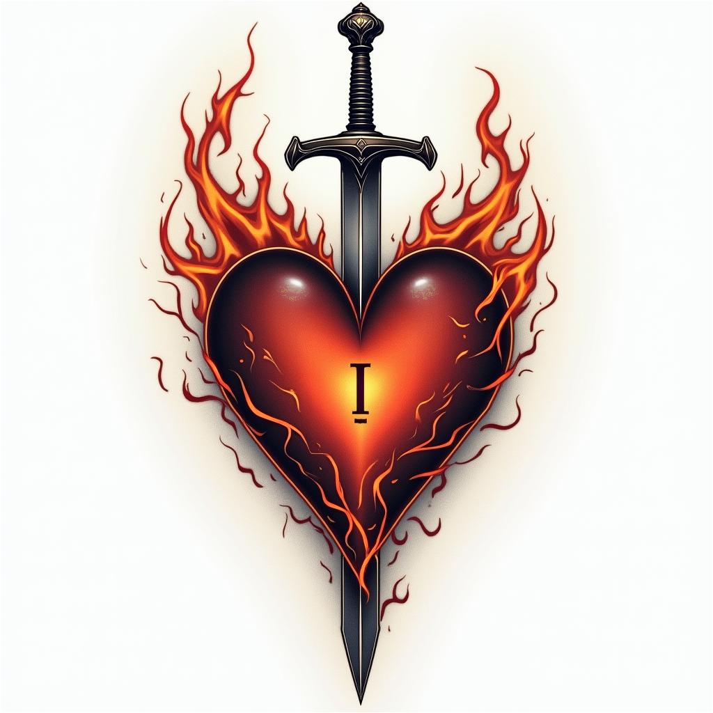 3 sword impaled a heart with a little letter i inside herin flame tattoo style showcasing fiery elements with dynamic flame patterns, glowing effect of flames, natural colors - Variation 3