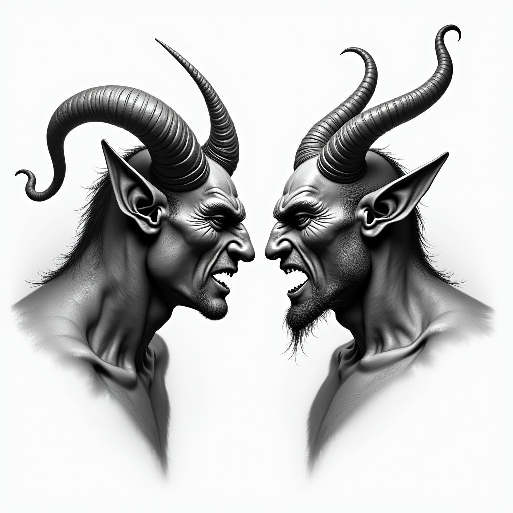 Posidon and the devil facing each other offin realism tattoo style, featuring a highly detailed, lifelike, capturing every detail, photorealistic, ultra realistic, intricate shading, smooth and sharp,   - Variation 3
