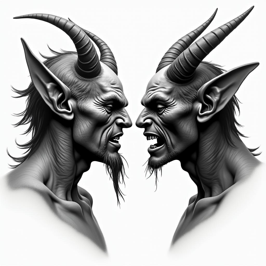 Posidon and the devil facing each other offin realism tattoo style, featuring a highly detailed, lifelike, capturing every detail, photorealistic, ultra realistic, intricate shading, smooth and sharp,   - Variation 2