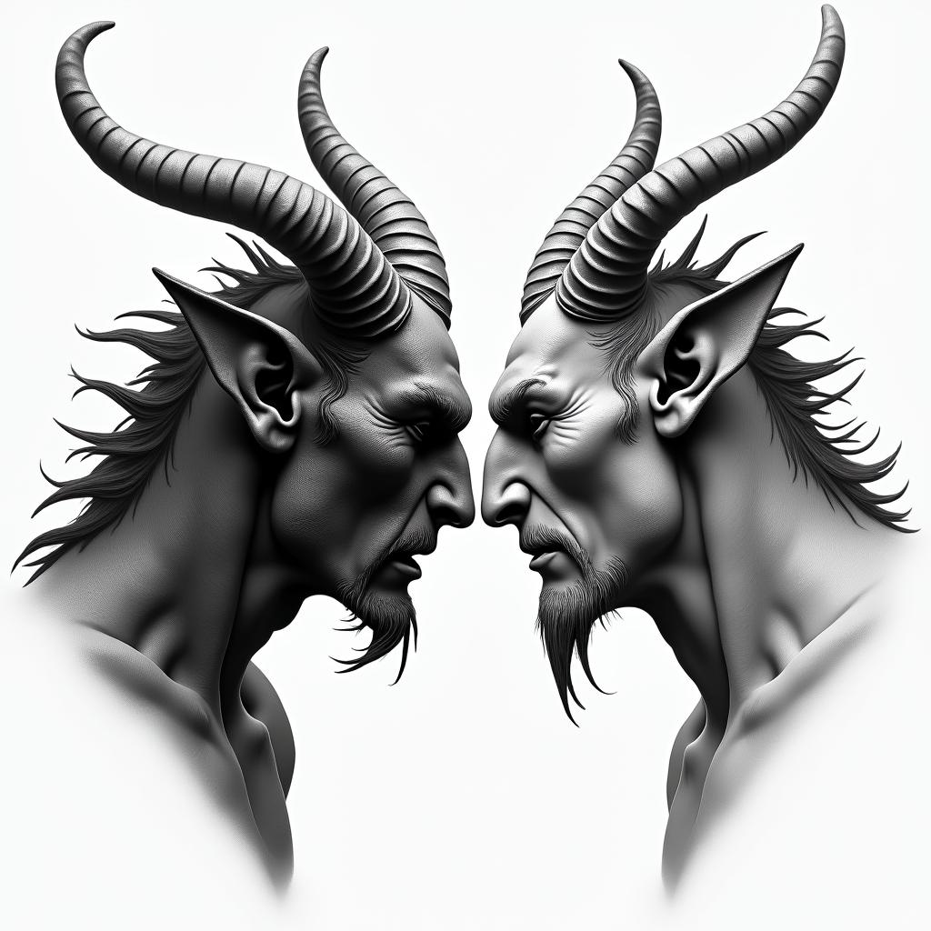 Posidon and the devil facing each other offin realism tattoo style, featuring a highly detailed, lifelike, capturing every detail, photorealistic, ultra realistic, intricate shading, smooth and sharp,   - Variation 4