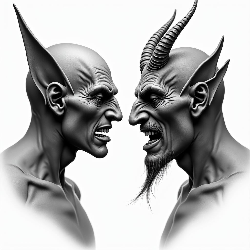 Posidon and the devil facing each other offin realism tattoo style, featuring a highly detailed, lifelike, capturing every detail, photorealistic, ultra realistic, intricate shading, smooth and sharp,  
