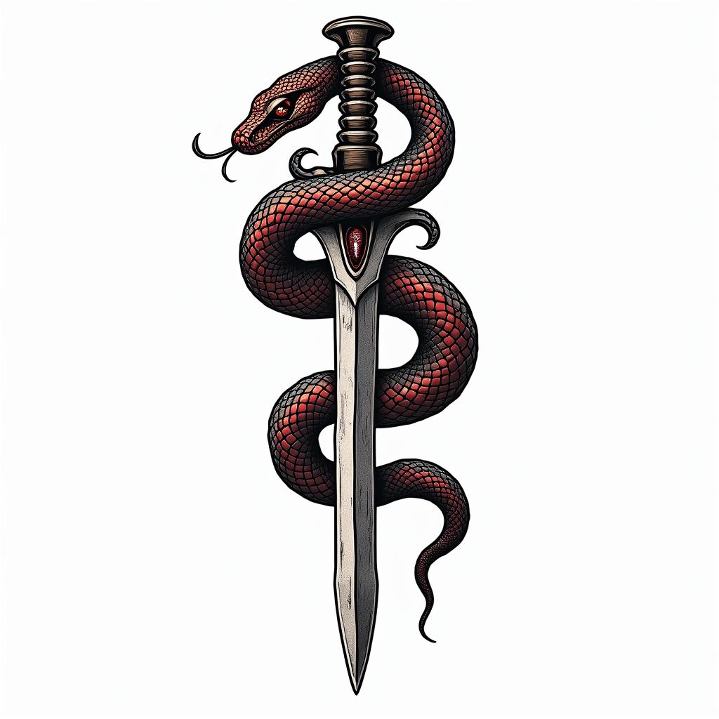 Snake wrapped around a dagger with an evil eye on the daggerin pop art style tattoo, featuring bold and vibrant colors, exaggerated outlines, iconic imagery, inspired by comic books and speech bubbles, comic book characters, retro pop culture - Variation 4