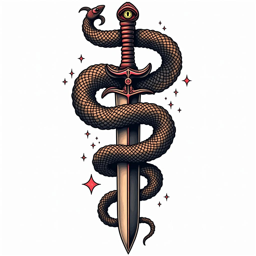 Snake wrapped around a dagger with an evil eye on the daggerin pop art style tattoo, featuring bold and vibrant colors, exaggerated outlines, iconic imagery, inspired by comic books and speech bubbles, comic book characters, retro pop culture - Variation 3