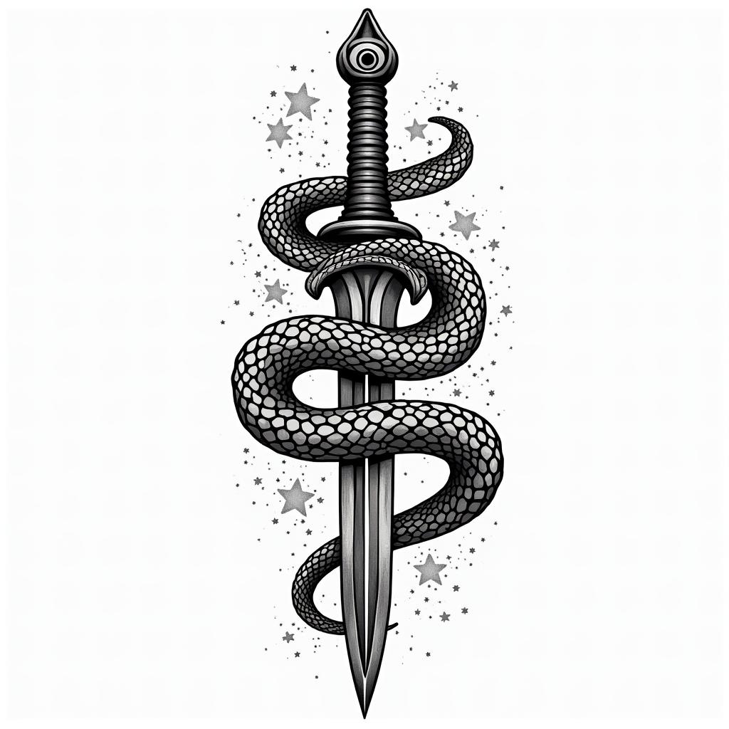 Snake wrapped around a dagger with an evil eye on the daggerin pop art style tattoo, featuring bold and vibrant colors, exaggerated outlines, iconic imagery, inspired by comic books and speech bubbles, comic book characters, retro pop culture
