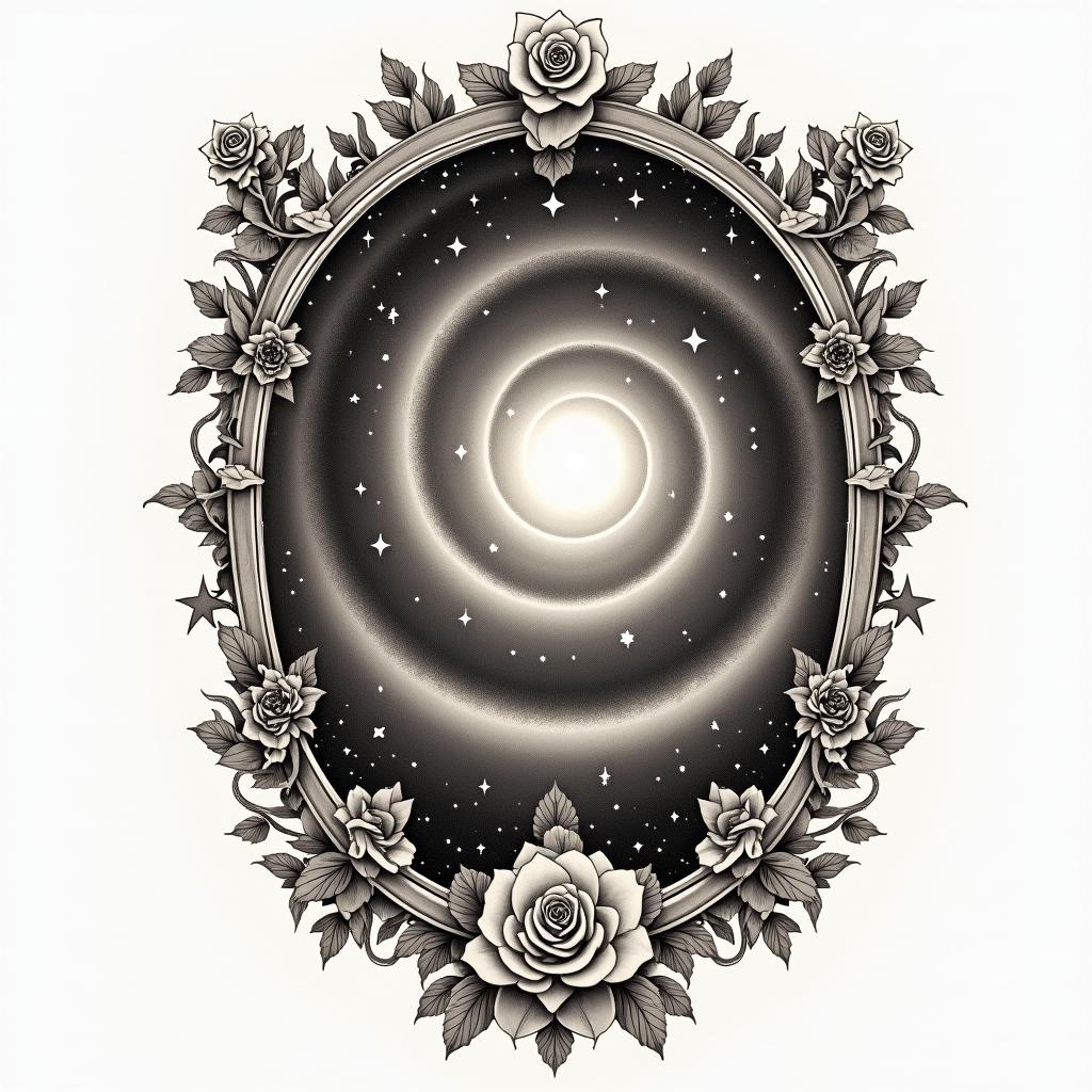 Spiral galaxy with stars and planetsin victorian style tattoo, featuring vintage and elegant elements, ornate frames, roses, antique, sepia-toned color scheme - Variation 14