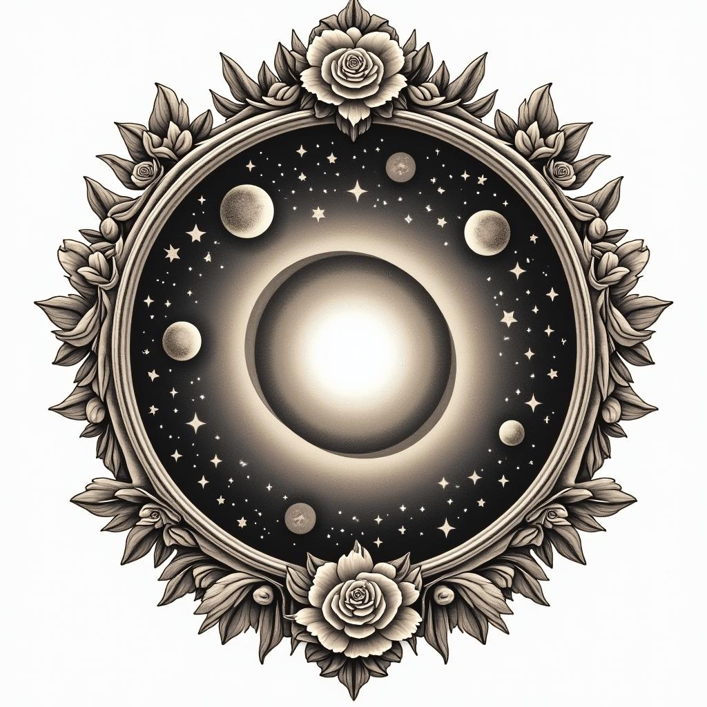Spiral galaxy with stars and planetsin victorian style tattoo, featuring vintage and elegant elements, ornate frames, roses, antique, sepia-toned color scheme - Variation 12
