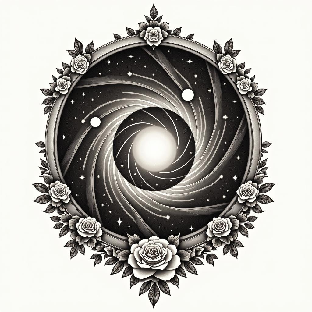Spiral galaxy with stars and planetsin victorian style tattoo, featuring vintage and elegant elements, ornate frames, roses, antique, sepia-toned color scheme - Variation 11