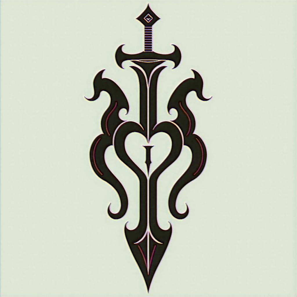 3 sword impaled a heart with a little letter i inside herin tribal tattoo style, featuring bold and black geometric shapes, curved lines, intertwine and flow seamlessly, creating a powerful and symbolic design, polynesian and maori styles - Variation 3