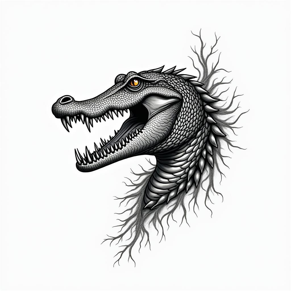 Alligatorin authentic tattoo style, incorporating traditional modifications, bold black outlines, solid color fills, featuring classic authentic elements - Variation 2