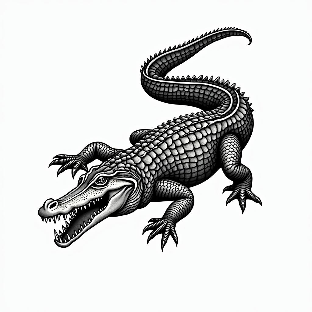 Alligatorin authentic tattoo style, incorporating traditional modifications, bold black outlines, solid color fills, featuring classic authentic elements - Variation 4
