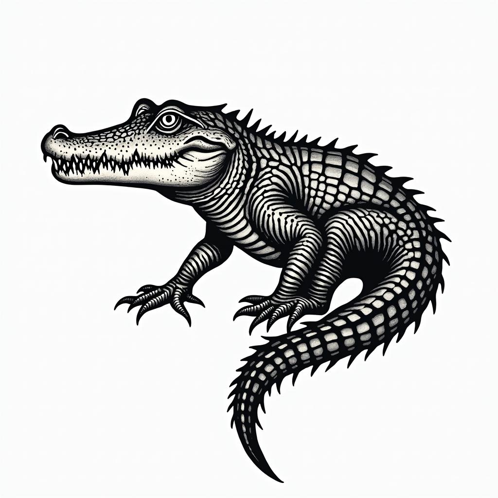 Alligatorin authentic tattoo style, incorporating traditional modifications, bold black outlines, solid color fills, featuring classic authentic elements - Variation 3