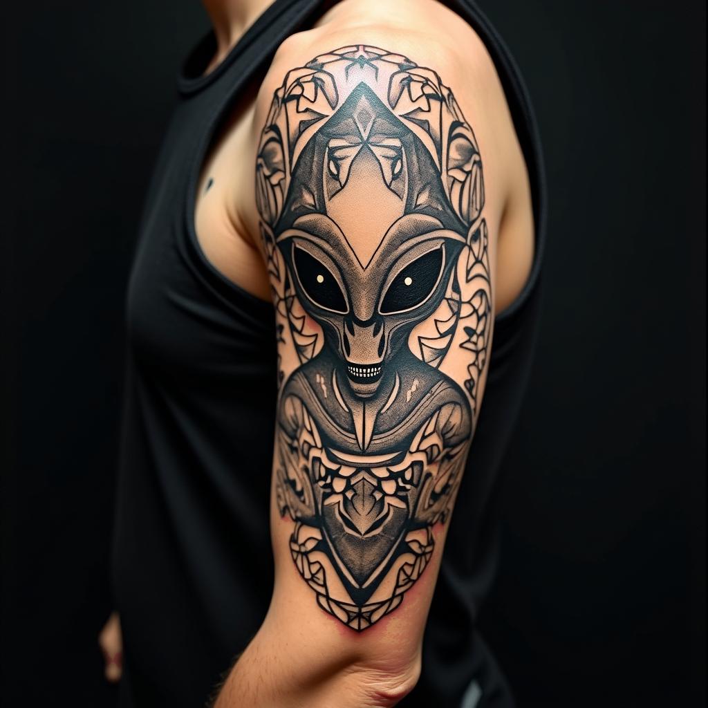 Ancient alien in geometric style tattoo, blending hexagons, mandala-inspired patterns, symmetrical and fractal design, clean lines, sharp angles - Variation 7
