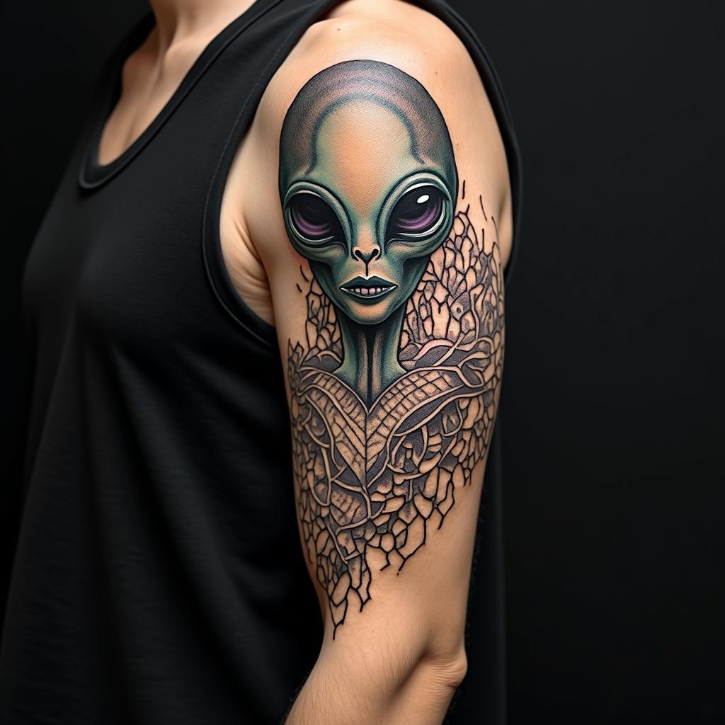 Ancient alien in geometric style tattoo, blending hexagons, mandala-inspired patterns, symmetrical and fractal design, clean lines, sharp angles - Variation 6