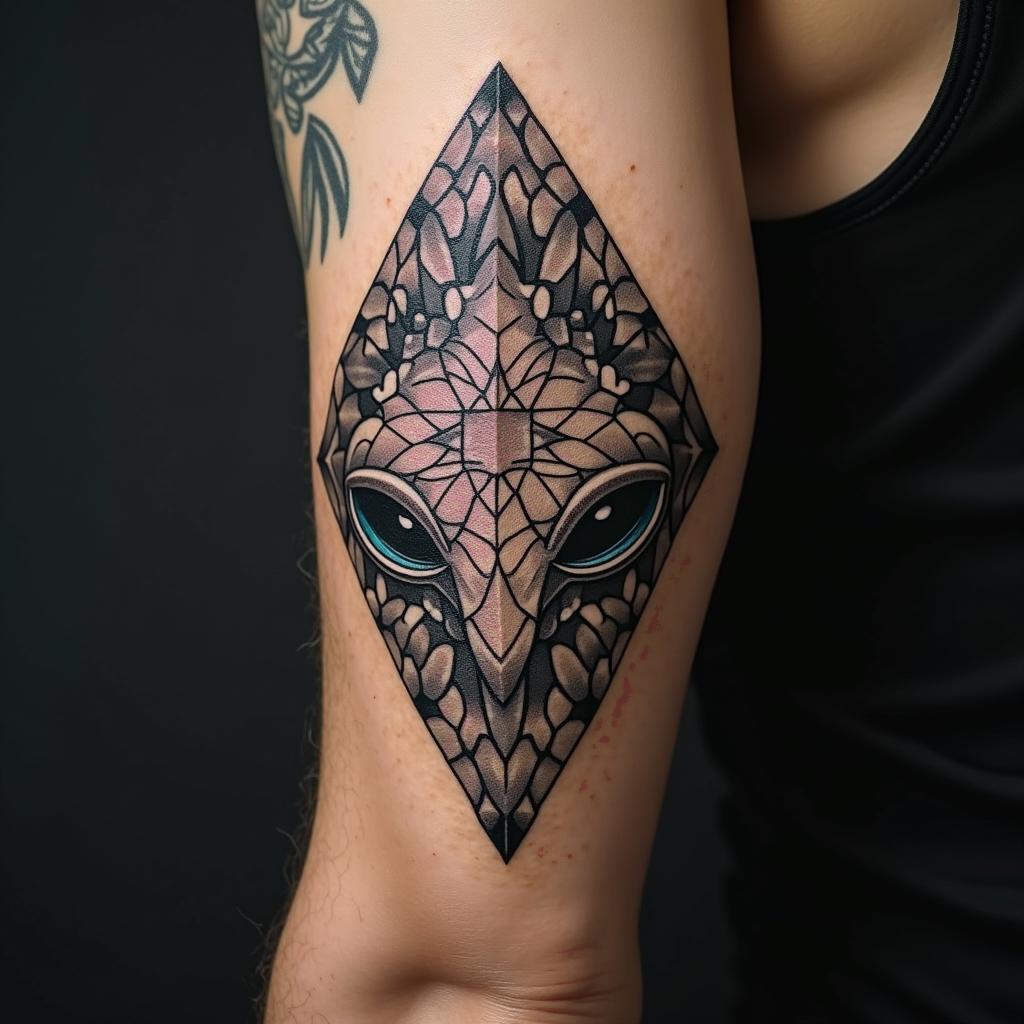 Ancient alien in geometric style tattoo, blending hexagons, mandala-inspired patterns, symmetrical and fractal design, clean lines, sharp angles - Variation 5