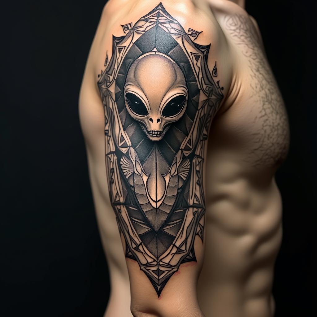 Ancient alien in geometric style tattoo, blending hexagons, mandala-inspired patterns, symmetrical and fractal design, clean lines, sharp angles - Variation 8
