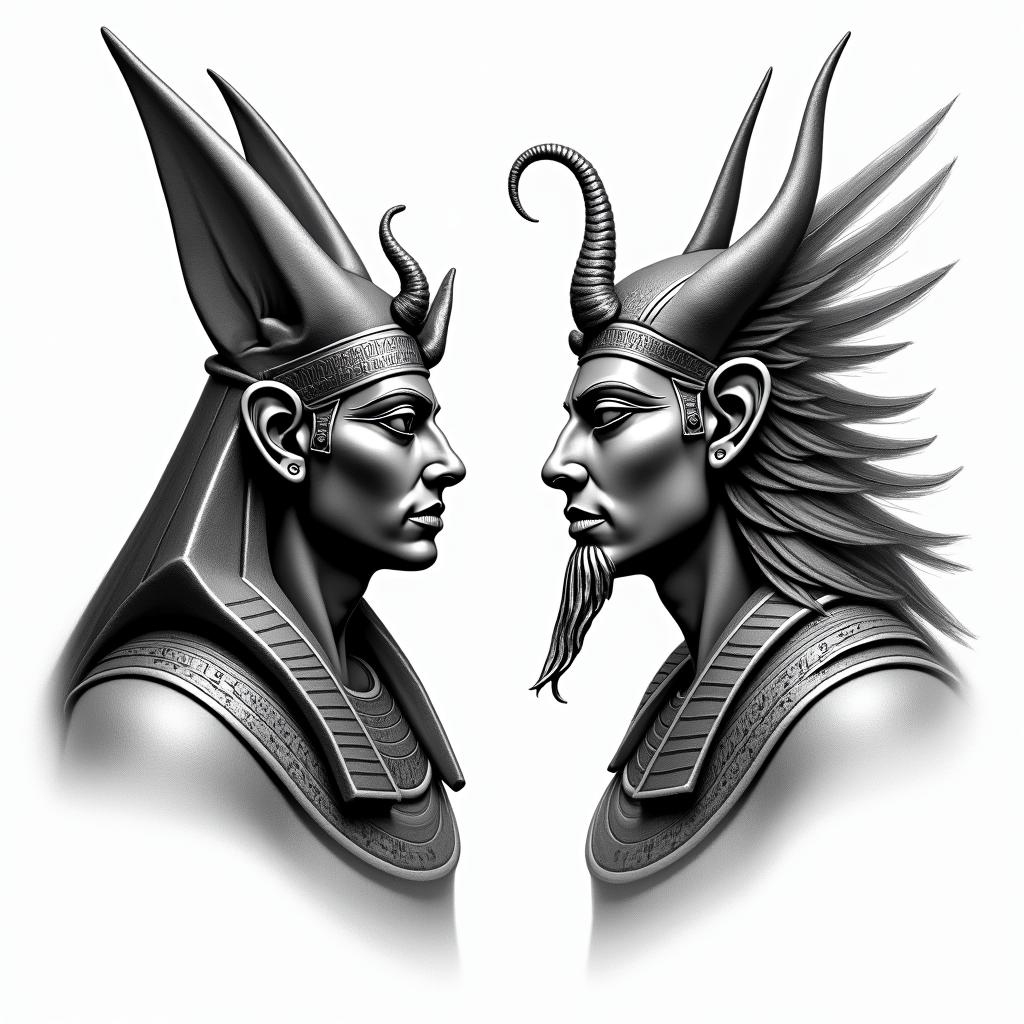 Posidon and the devil facing each other offin egyptian style tattoo, bold elements of ancient egyptian culture including a portrait of an Egyptian pharaoh with detailed facial features, in hieroglyphs and symbolic imagery, eye of horus, ankh symbol, scarab beetle - Variation 2