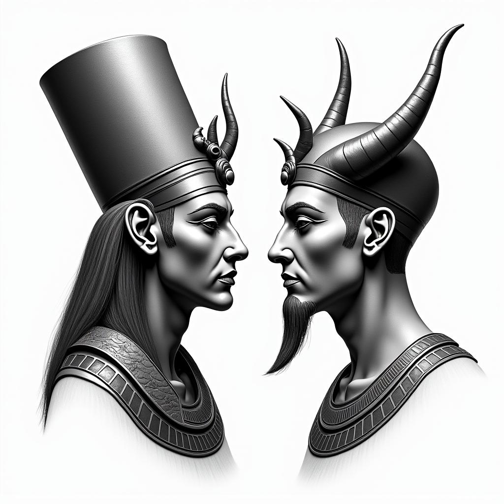 Posidon and the devil facing each other offin egyptian style tattoo, bold elements of ancient egyptian culture including a portrait of an Egyptian pharaoh with detailed facial features, in hieroglyphs and symbolic imagery, eye of horus, ankh symbol, scarab beetle