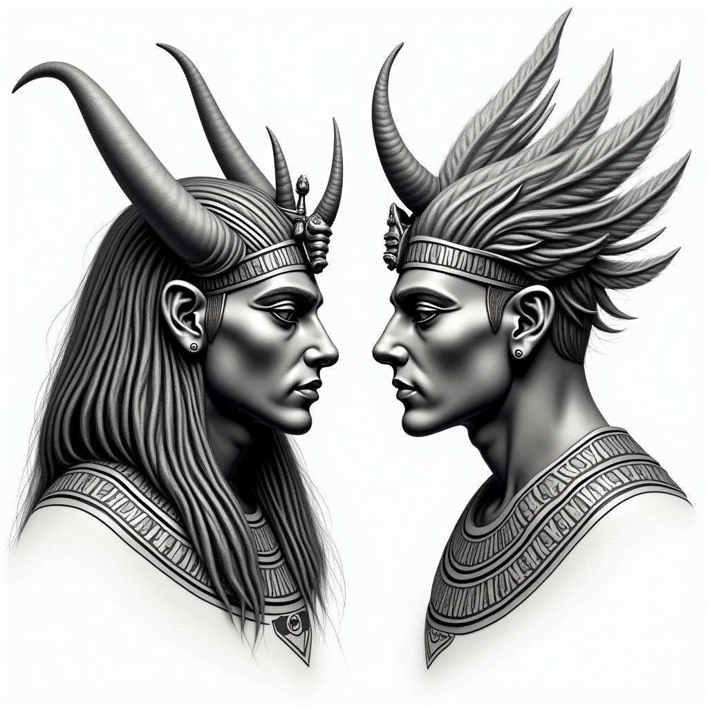Posidon and the devil facing each other offin egyptian style tattoo, bold elements of ancient egyptian culture including a portrait of an Egyptian pharaoh with detailed facial features, in hieroglyphs and symbolic imagery, eye of horus, ankh symbol, scarab beetle - Variation 4