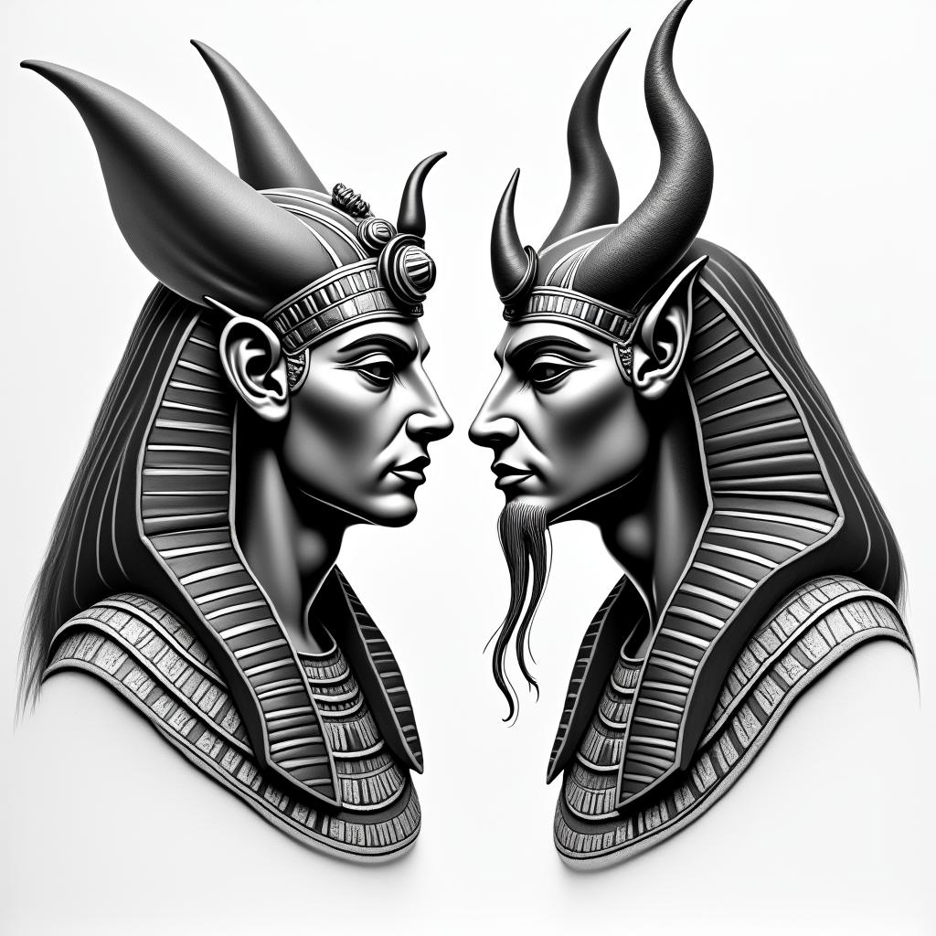 Posidon and the devil facing each other offin egyptian style tattoo, bold elements of ancient egyptian culture including a portrait of an Egyptian pharaoh with detailed facial features, in hieroglyphs and symbolic imagery, eye of horus, ankh symbol, scarab beetle - Variation 3