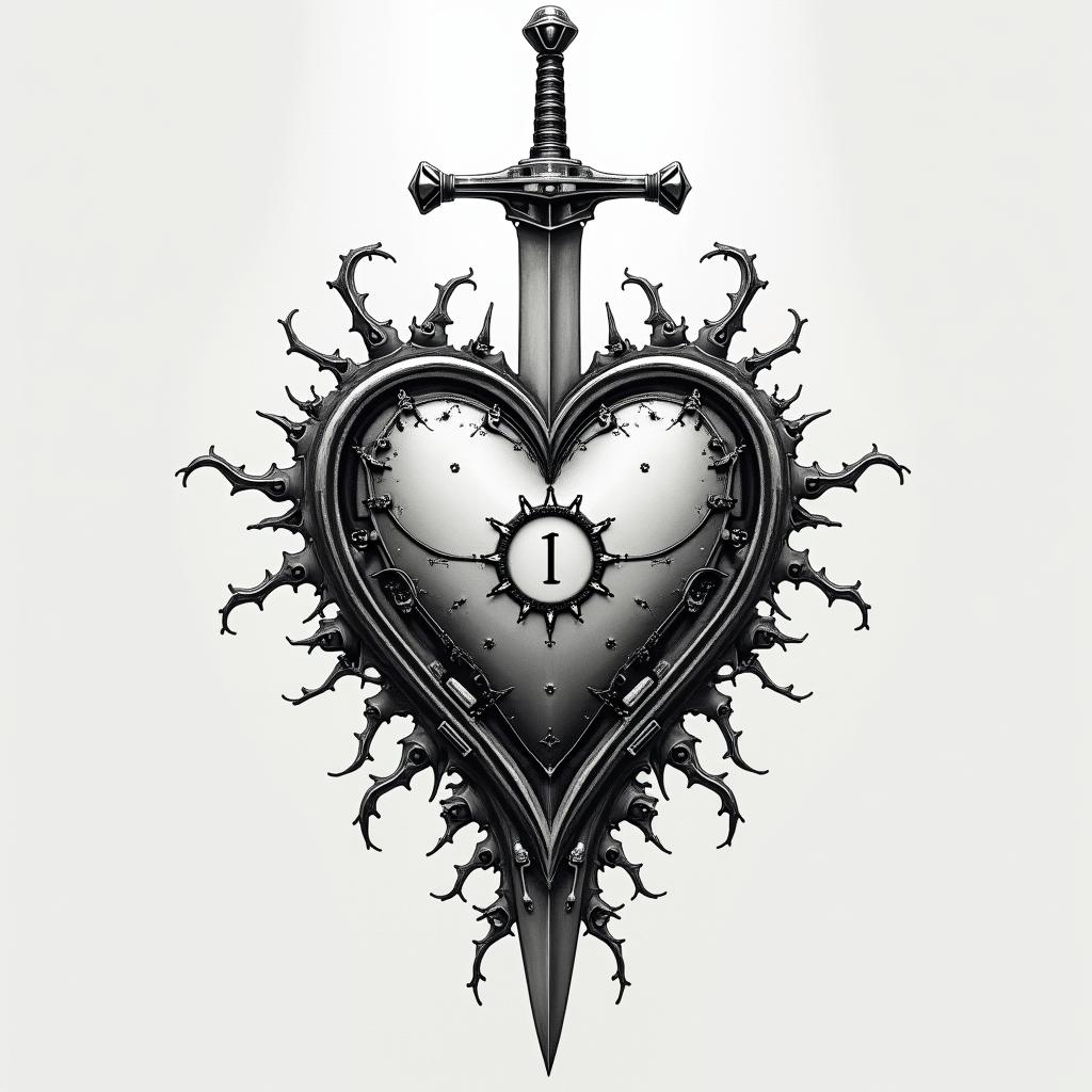 3 sword impaled a heart with a little letter i inside hertattoo in biomechanic style, the tattoo covered by robotic elements of futuristic cyberpunk design, robotic features detail, showcasing intricate mechanical components - Variation 4