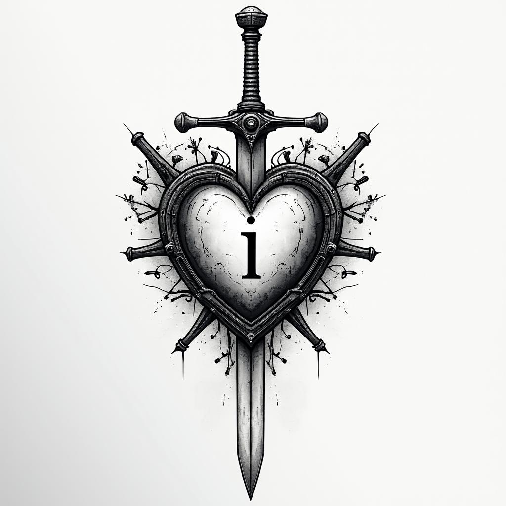 3 sword impaled a heart with a little letter i inside hertattoo in biomechanic style, the tattoo covered by robotic elements of futuristic cyberpunk design, robotic features detail, showcasing intricate mechanical components - Variation 2