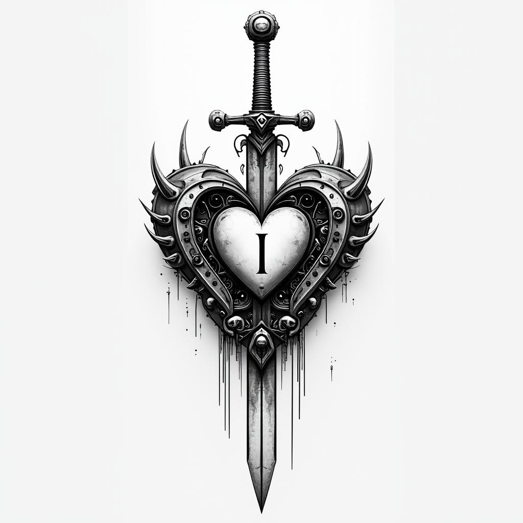 3 sword impaled a heart with a little letter i inside hertattoo in biomechanic style, the tattoo covered by robotic elements of futuristic cyberpunk design, robotic features detail, showcasing intricate mechanical components