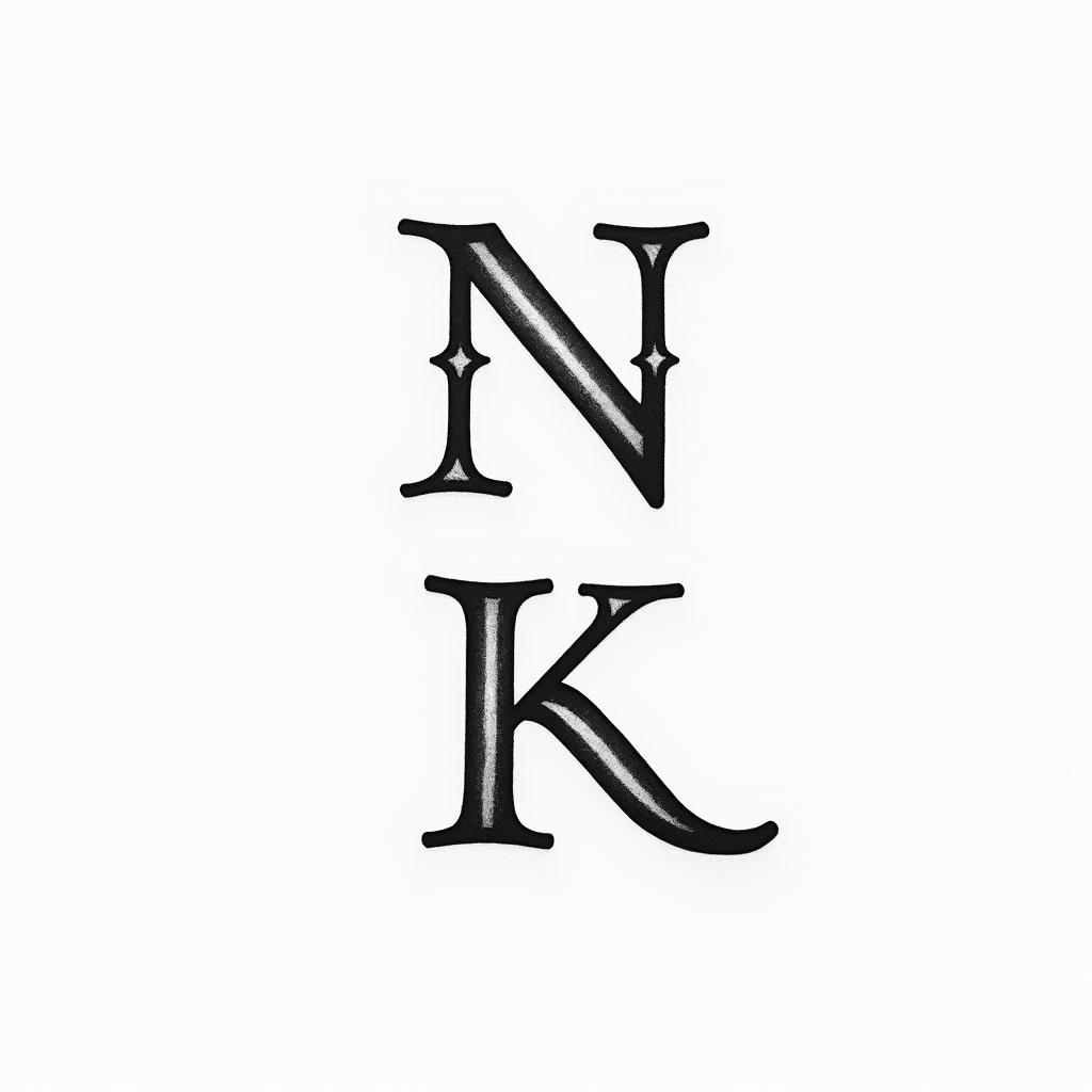 Letters “NMRK” verticalminimalist text-based tattoo, Monospace font ultra-realistic, perfectly placed, high-quality font design, photo-realistic shading, 8k, high quality, finely detailed typograph - Variation 6