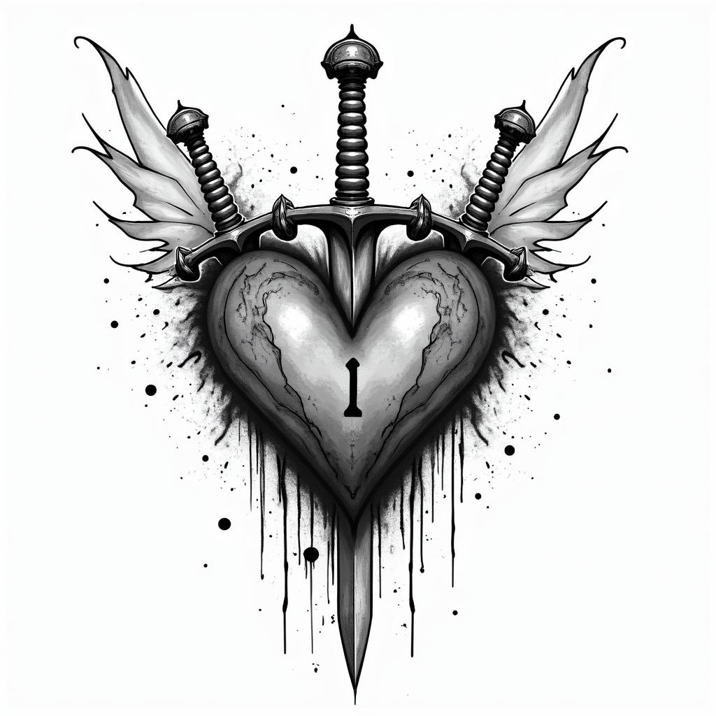 3 sword impaled a heart with a little letter i inside herin graffiti style tattoo, featuring bold and dynamic street art elements, spray-paint texture with exaggerated lines and expressive, chaotic brushstrokes, intricate lettering incorporated with graffiti tags, symbols like hearts, stars, and wings - Variation 2