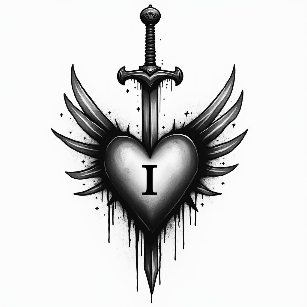 3 sword impaled a heart with a little letter i inside herin graffiti style tattoo, featuring bold and dynamic street art elements, spray-paint texture with exaggerated lines and expressive, chaotic brushstrokes, intricate lettering incorporated with graffiti tags, symbols like hearts, stars, and wings - Variation 3