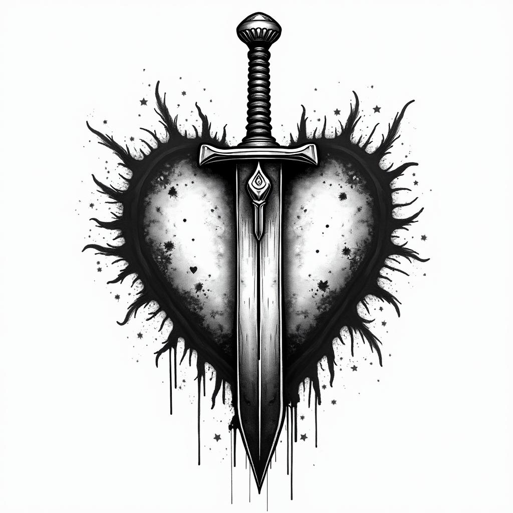 3 sword impaled a heart with a little letter i inside herin graffiti style tattoo, featuring bold and dynamic street art elements, spray-paint texture with exaggerated lines and expressive, chaotic brushstrokes, intricate lettering incorporated with graffiti tags, symbols like hearts, stars, and wings - Variation 4
