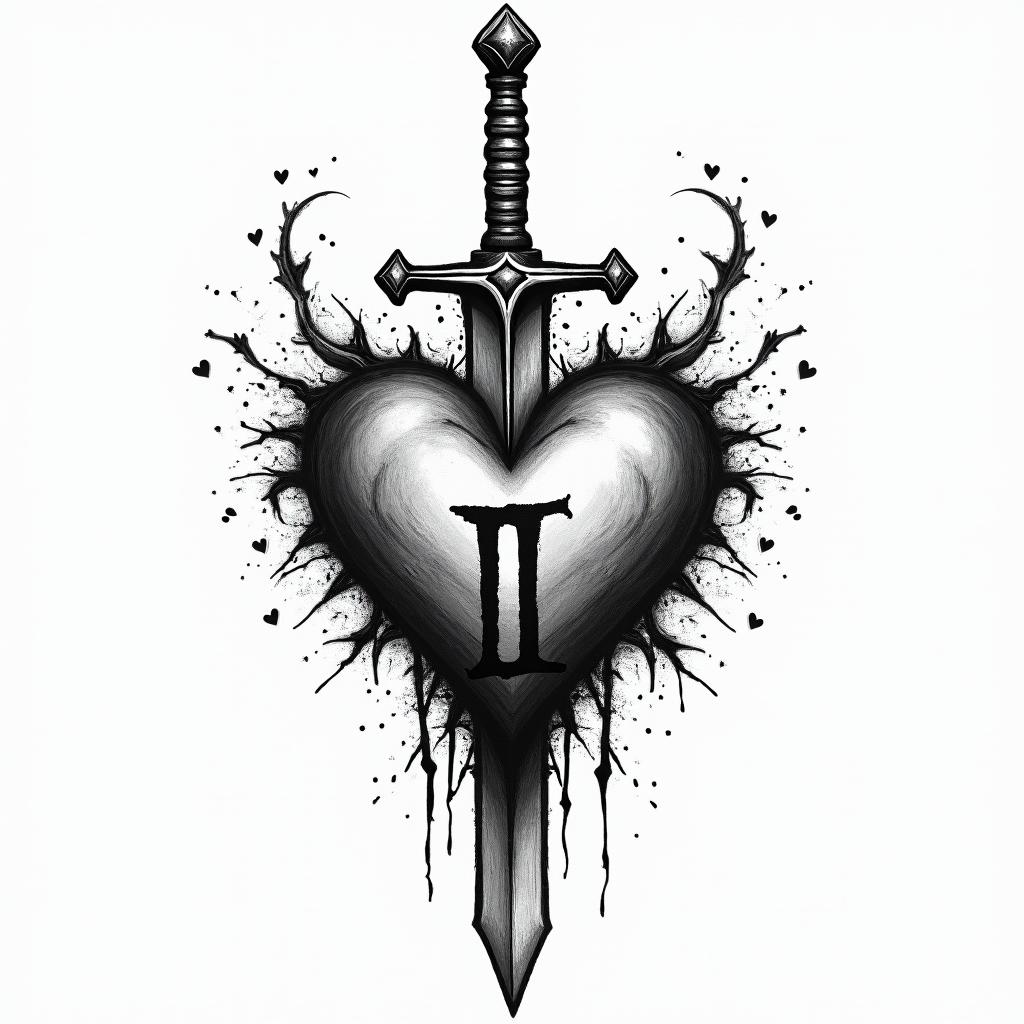 3 sword impaled a heart with a little letter i inside herin graffiti style tattoo, featuring bold and dynamic street art elements, spray-paint texture with exaggerated lines and expressive, chaotic brushstrokes, intricate lettering incorporated with graffiti tags, symbols like hearts, stars, and wings