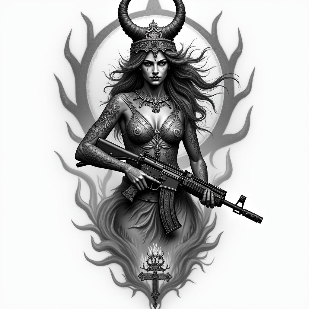 Goddess of vengeance Nemesis, burning synagogue, AK47higly detailed tattoo - Variation 4