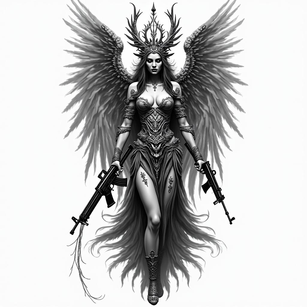 Goddess of vengeance Nemesis, burning synagogue, AK47higly detailed tattoo - Variation 2