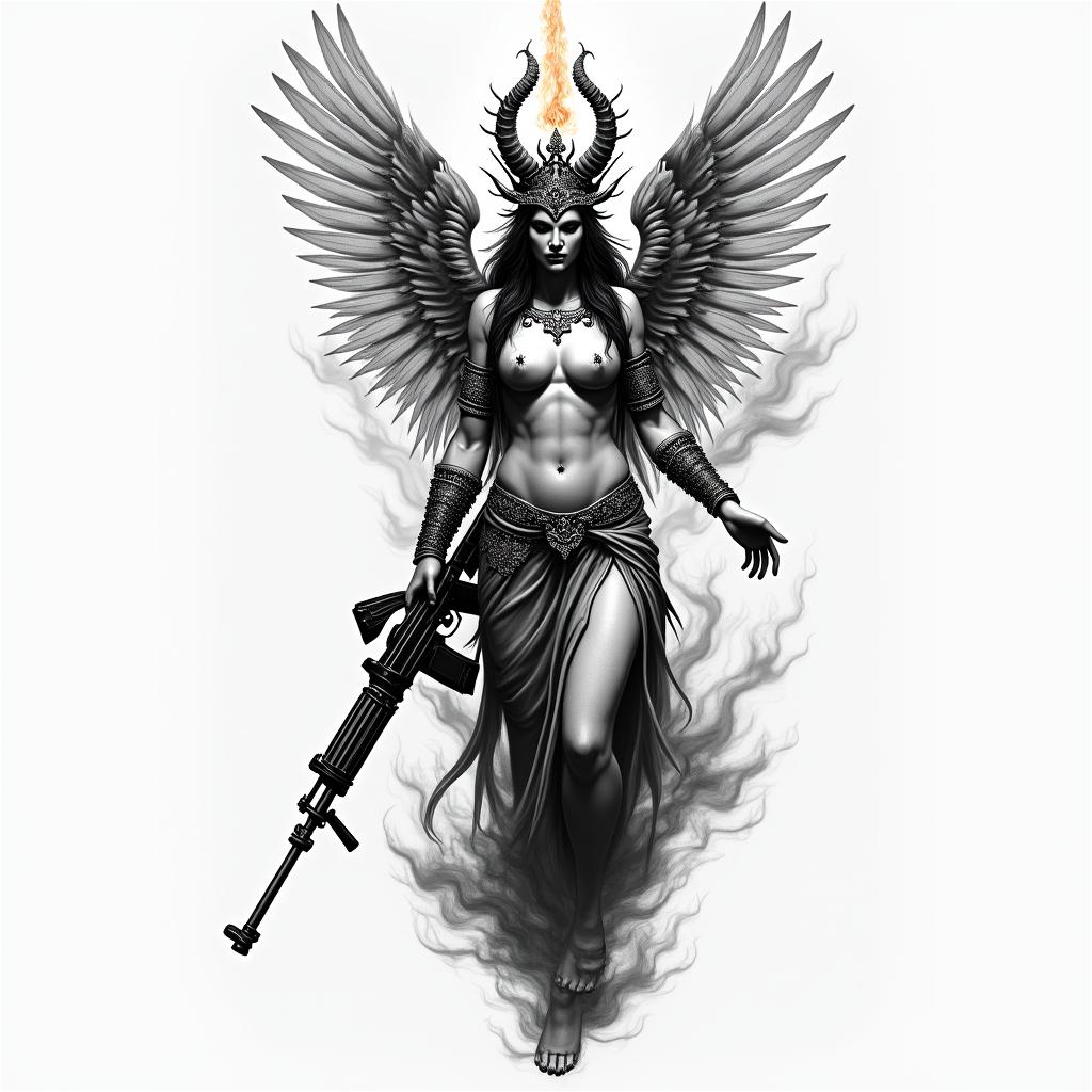 Goddess of vengeance Nemesis, burning synagogue, AK47higly detailed tattoo - Variation 3